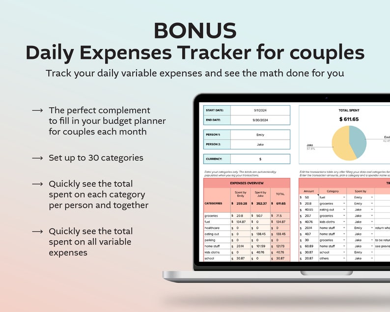 May include: A computer screen displaying a spreadsheet with a budget tracker for couples. The spreadsheet is titled "Daily Expenses Tracker for Couples" and includes categories for groceries, healthcare, eating out, parking, home stuff, kids clothes, school, and others. The spreadsheet also includes a pie chart showing the total amount spent by each person. The total spent is $611.65.