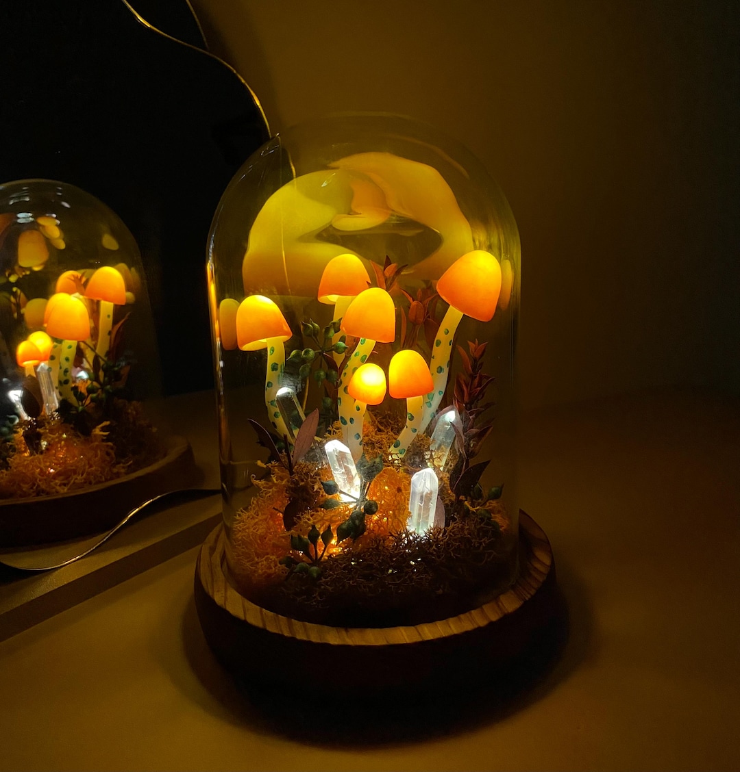 Handmade Orange Mushroom Lamp Autumn Mushroom Night Light With Dried