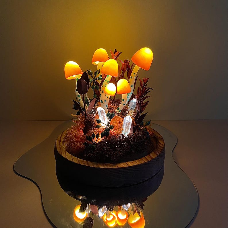 Handmade Orange Mushroom Lamp Autumn Mushroom Night Light With Dried