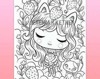 Strawberry Collector Coloring Page - Instant Download
