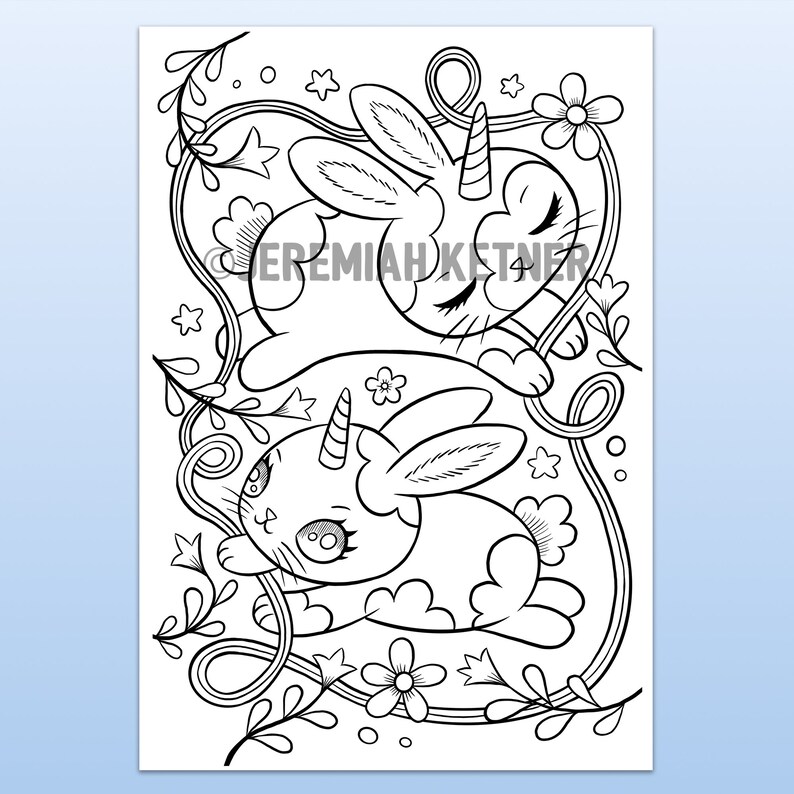 Spring Unicorn Bunnies Coloring Page Instant Download Etsy