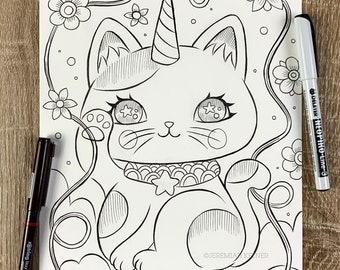 Manekineko Unicorn by Jeremiah Ketner - Print / Digital coloring page - Instant Download