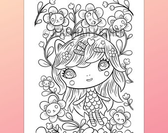 Flower Kitty Garden Coloring Page - Instant Download