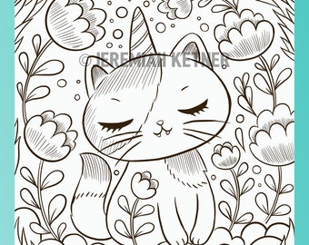 Unicorn Neko  Coloring Page - Instant Download