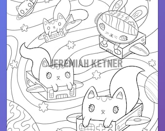 Space Bunny Box Cats - Coloring Page