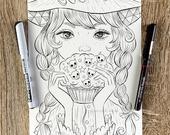 Devil Skull Cupcake by Jeremiah Ketner - Print / Digital coloring page - Instant Download