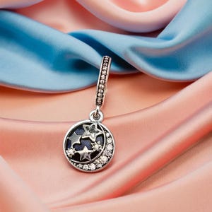 Moon & Blue Sky Dangle Charm, Celestial Silver Charm for Bracelet, Special Gift for Friend, Unique Double Sided Pendant, Anniversary Gift