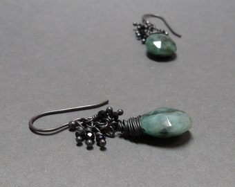 Emerald Earrings May Birthstone Black Onyx Cluster Oxidized Sterling Silver Gift for Her