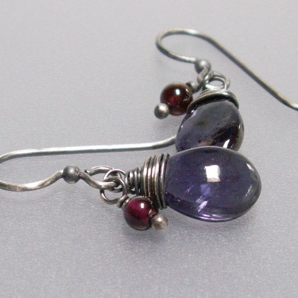 Blue Iolite Earrings with Garnets . Sterling Silver