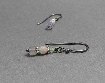 Labradorite Earrings Gemstone Stack Peach Moonstone Peridot Oxidized Sterling Silver Gift for Her