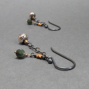 Green Tourmaline Earrings Chain Mixed Metals Sterling Silver Oxidized Gift for Her image 1