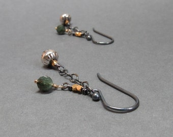 Green Tourmaline Earrings Chain Mixed Metals Sterling Silver Oxidized Gift for Her