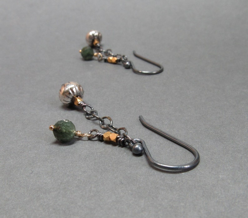 Green Tourmaline Earrings Chain Mixed Metals Sterling Silver Oxidized Gift for Her image 1