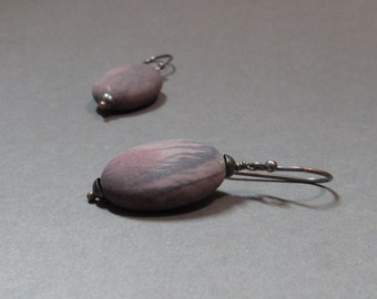 Purple Creek Jasper Earrings Oxidized Sterling Silver Earthy Rustic Large Gemstone Beads