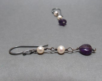 Amethyst, White Pearl Earrings Dangle Oxidized Sterling Silver Gift for Her Gift for Wife Long February Birthstone
