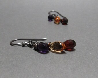 Garnet Citrine Amethyst Earrings Chain Oxidized Sterling Silver Gift for Her Birthstone Earrings