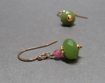 Serpentine, Pink Tourmaline Earrings Gold Gift for Her Petite Gemstone Stack