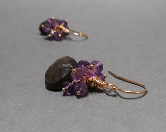 Brown Chalcedony Earrings Amethyst Cluster Gold Gift for Her February Birthstone