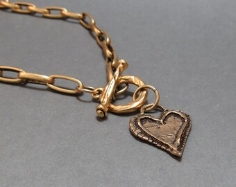 Heart Necklace Bronze Gold Steel Toggle Gift for Her