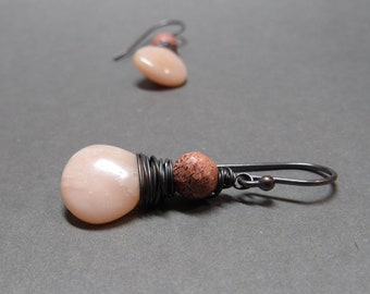 Pink Opal Earrings Jasper October Birthstone Sterling Silver Oxidized Gift for Her