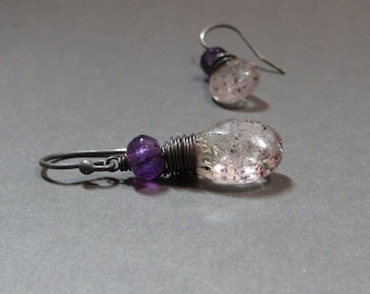 Amethyst, Moss Amethyst Earrings Oxidized Sterling Silver Gemstone Stack Wire Wrapped Gift for Wife