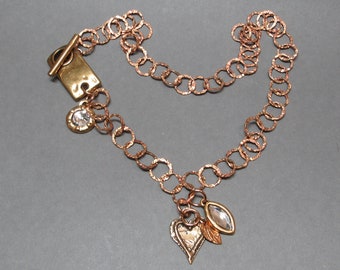 Heart Necklace Bronze Chain Vintage Toggle Clasp Asymmetric Crystals Gift for Her