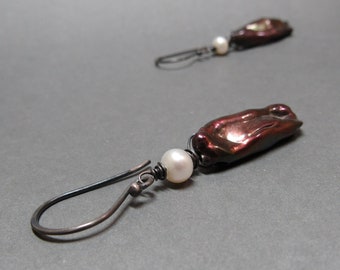 Burgundy Stick Pearl Earrings Long Oxidized Sterling Silver Gift for Her