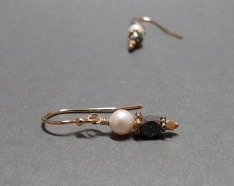 White Pearl Earrings Gold Petite Small Gift for Girlfriend June Birthstone Mixed Metals Geometric