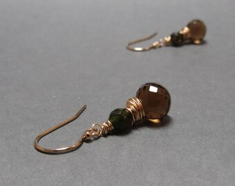 Smoky Quartz Earrings Green Tourmaline Gold Wire Wrapped Gift for Wife