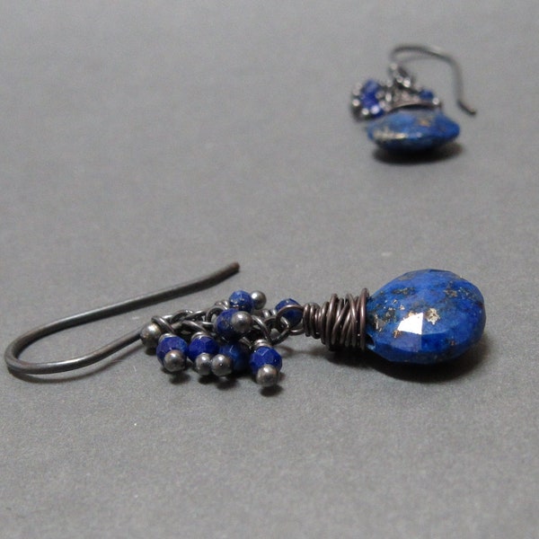 Lapis Lazuli Earrings Cluster Oxidized Sterling Silver Gift for Her