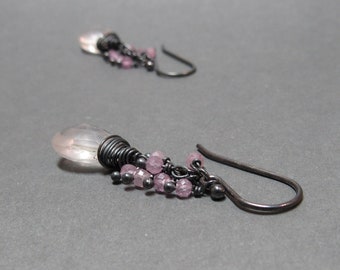 Rose Quartz Earrings Pink Tourmaline Cluster Oxidized Sterling Silver Gift for Her