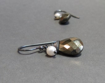 Pyrite Earrings White Pearls Oxidized Sterling Silver Gift for Her