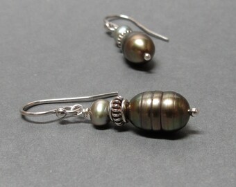 Olive Green Pearl Earrings Sterling Silver Gift for Girlfriend June Birthstone