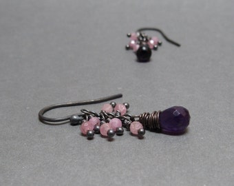 Amethyst Earrings Pink Sapphire Cluster Oxidized Sterling Silver Gift for Her February September Birthstone