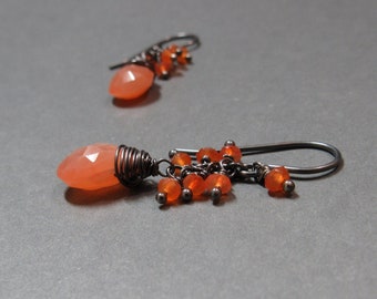 Peach Moonstone Carnelian Cluster Earrings Oxidized Sterling Silver Gift for Wife Gift for Her