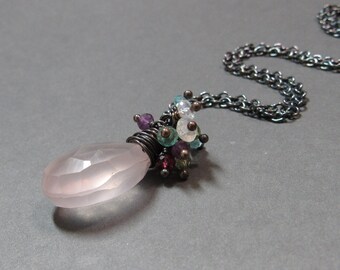 Rose Quartz Necklace Garnet Amethyst Peridot Apatite Tourmaline Moonstone Cluster Oxidized Sterling Silver Gift for Wife