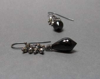 Black Spinel Earrings Pyrite Cluster Metallic Oxidized Sterling Silver Gift for Wife