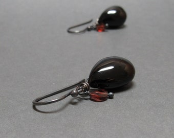 Black Spinel Earrings Garnet Dangle Oxidized Sterling Silver Gift for Wife