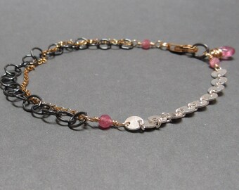 Mixed Metal Bracelet Pink Tourmaline Gold Sterling Silver Chain