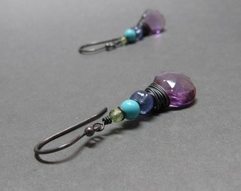 Amethyst Earrings Tanzanite Turquoise Peridot Oxidized Sterling Silver Gift for Her
