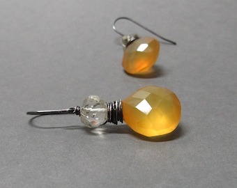 Yellow Chalcedony Earrings Lemon Quartz Wire Wrapped Oxidized Sterling Silver Gift for Her Gift for Wife