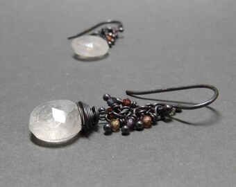 White Moonstone Earrings Sapphire Cluster Oxidized Sterling Silver Gift for Her