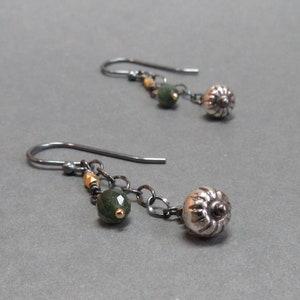 Green Tourmaline Earrings Chain Mixed Metals Sterling Silver Oxidized Gift for Her image 4