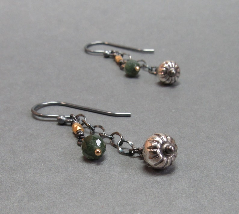 Green Tourmaline Earrings Chain Mixed Metals Sterling Silver Oxidized Gift for Her image 4