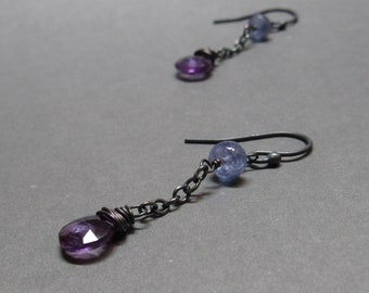 Amethyst Tanzanite Earrings Chain Oxidized Sterling Silver Gift for Her February Birthstone