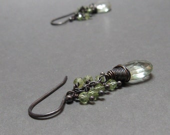 Green Amethyst Earrings Peridot Cluster Oxidized Sterling Silver Gift for Her