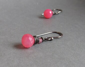 Pink Chalcedony Earrings Tourmaline Oxidized Sterling Silver Wire Wrapped Gift for Girlfriend