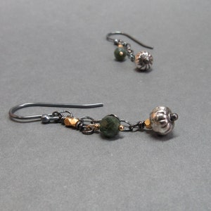 Green Tourmaline Earrings Chain Mixed Metals Sterling Silver Oxidized Gift for Her image 3