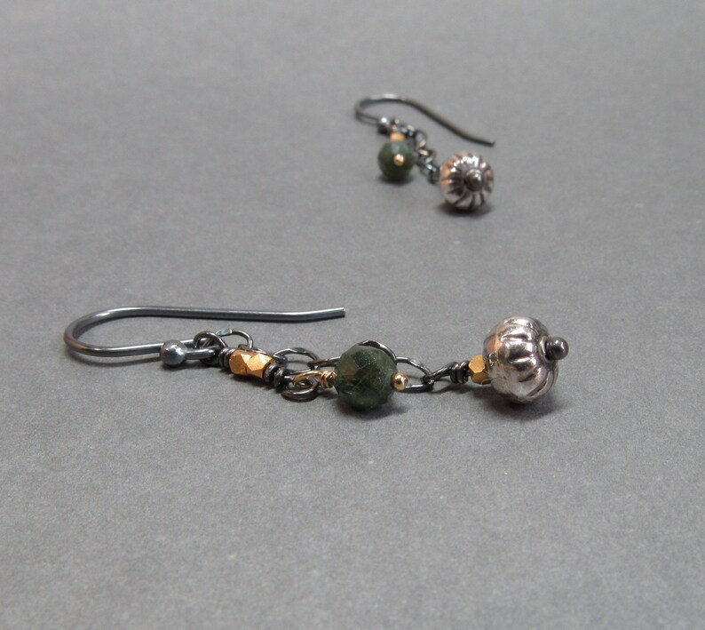 Green Tourmaline Earrings Chain Mixed Metals Sterling Silver Oxidized Gift for Her image 3