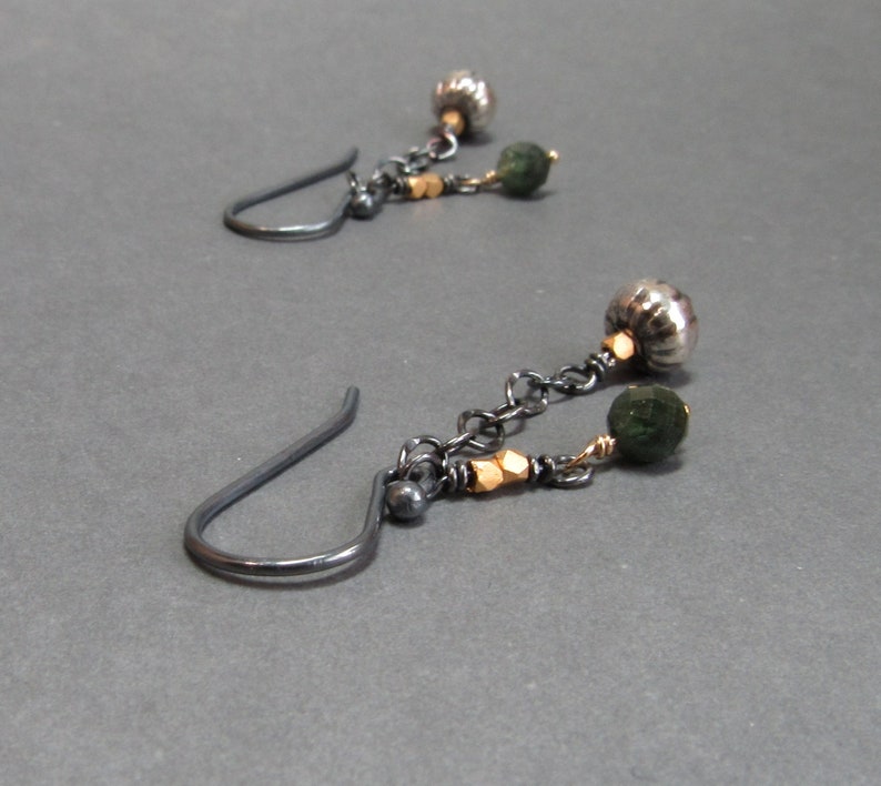 Green Tourmaline Earrings Chain Mixed Metals Sterling Silver Oxidized Gift for Her image 5